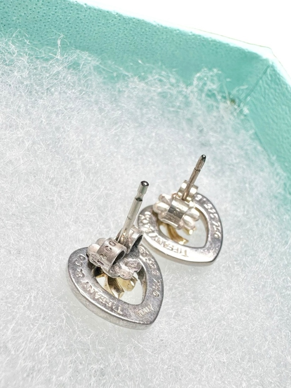 Tiffany & Co. Engraved 925 Silver Heart & 18K Gold Bow Stud Earrings Set w.Box - Picture 7 of 13